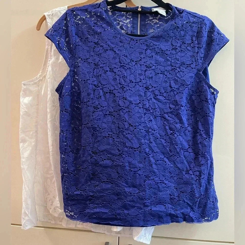 Set Of 2 Liz Claiborne Lace Top/ Blouse/ Tank RoundNeck Blue/ White PL / L